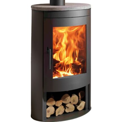 Panadero Oval 1 Kaminofen 8,7 kW – Stahl Schwarz, Natursteinabdeckung, mit Holzfach