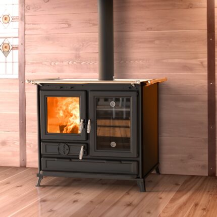 Thermorossi Margot EvoEasy Holzherd 12,1 kW – Schwarz, Backofen rechts, Gusskochfeld